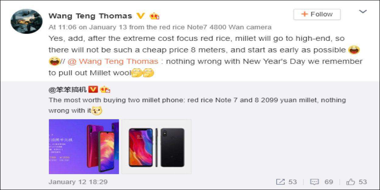 Xiaomi prijzen: Het bericht van Wang Teng Thomas over de prijzen van Xiaomi Mi 8 dat zoveel onrust veroorzaakte. 
