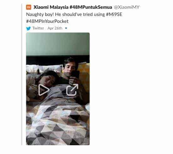 Het verkeerd gevallen Twitterbericht met de omstreden video als 'reclame' voor de Xiaomi Mi 9.